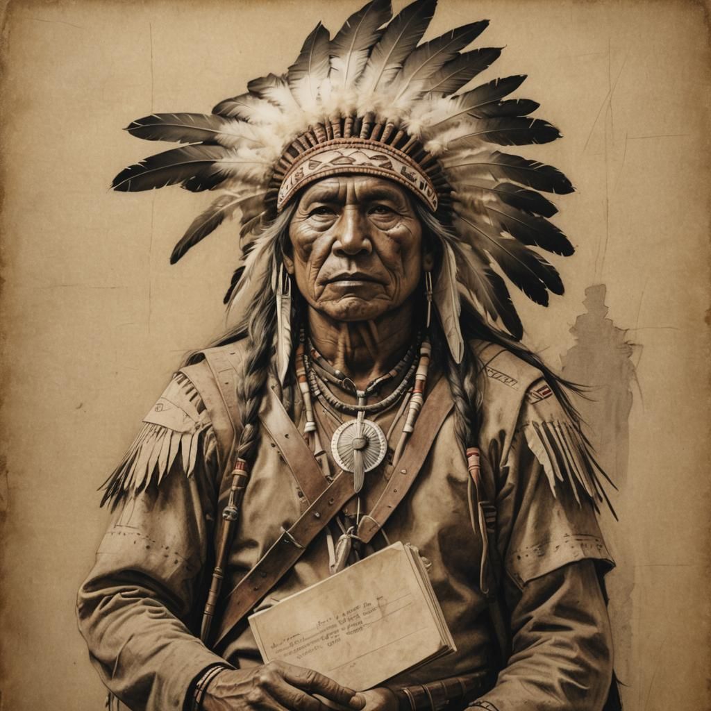 Native American Warrior in Ledger Art Style