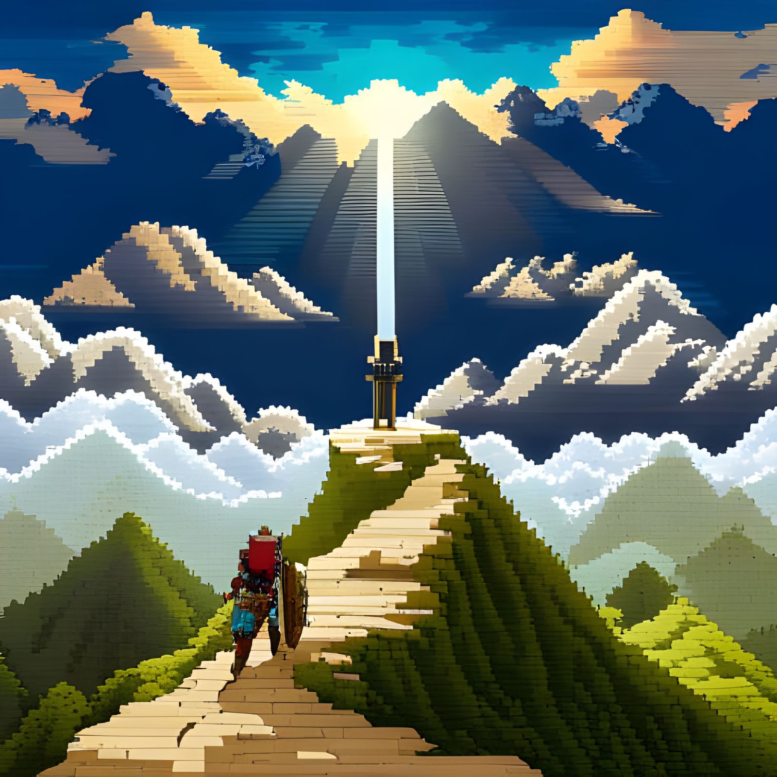 8-Bit Hero Overlooks Fantasy Landscape