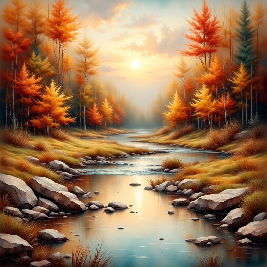 Impressionistic Autumn River Landscape in Antique Watercolor...