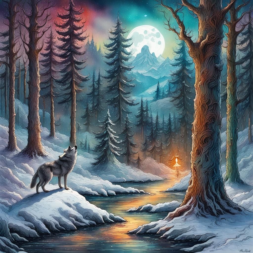 Wolf Howling in Winter Watercolor Forest