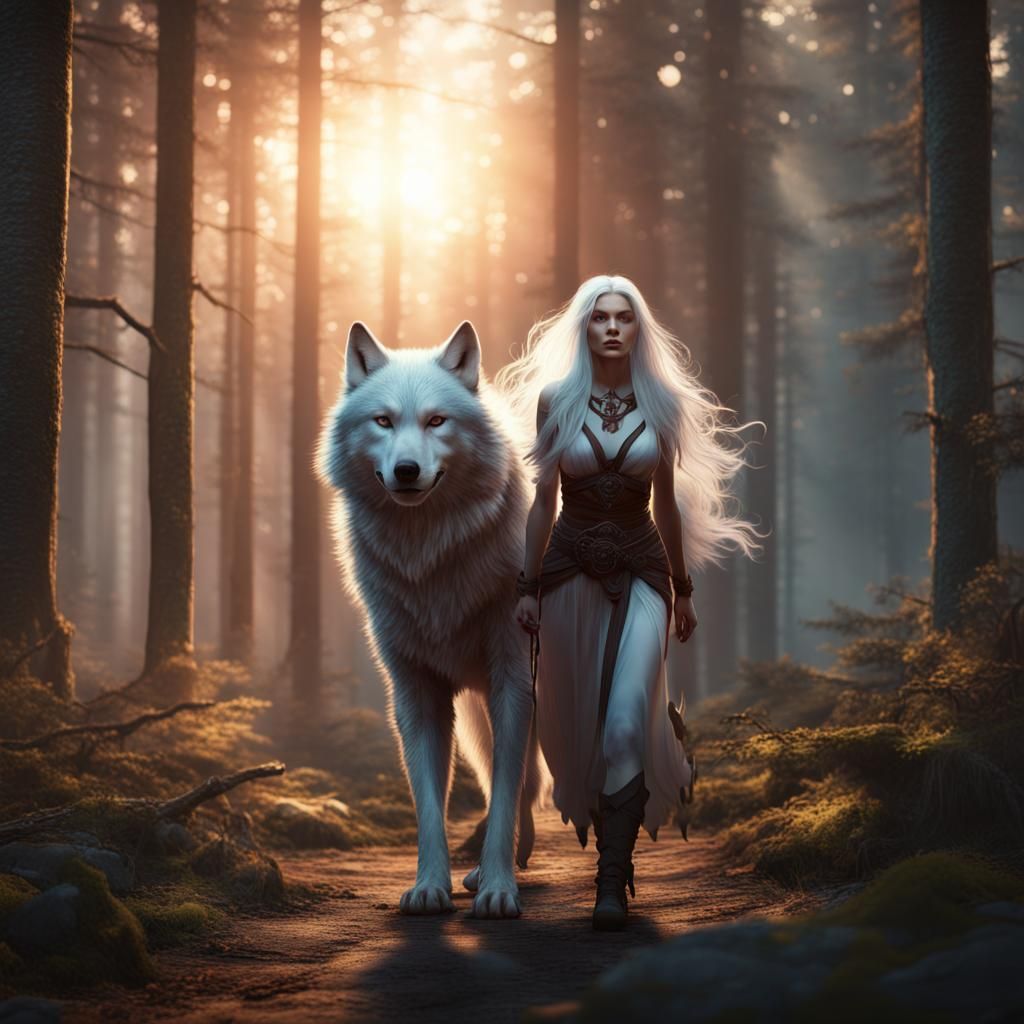 Woman with Wolf in Forest Sunset: Matte Painting