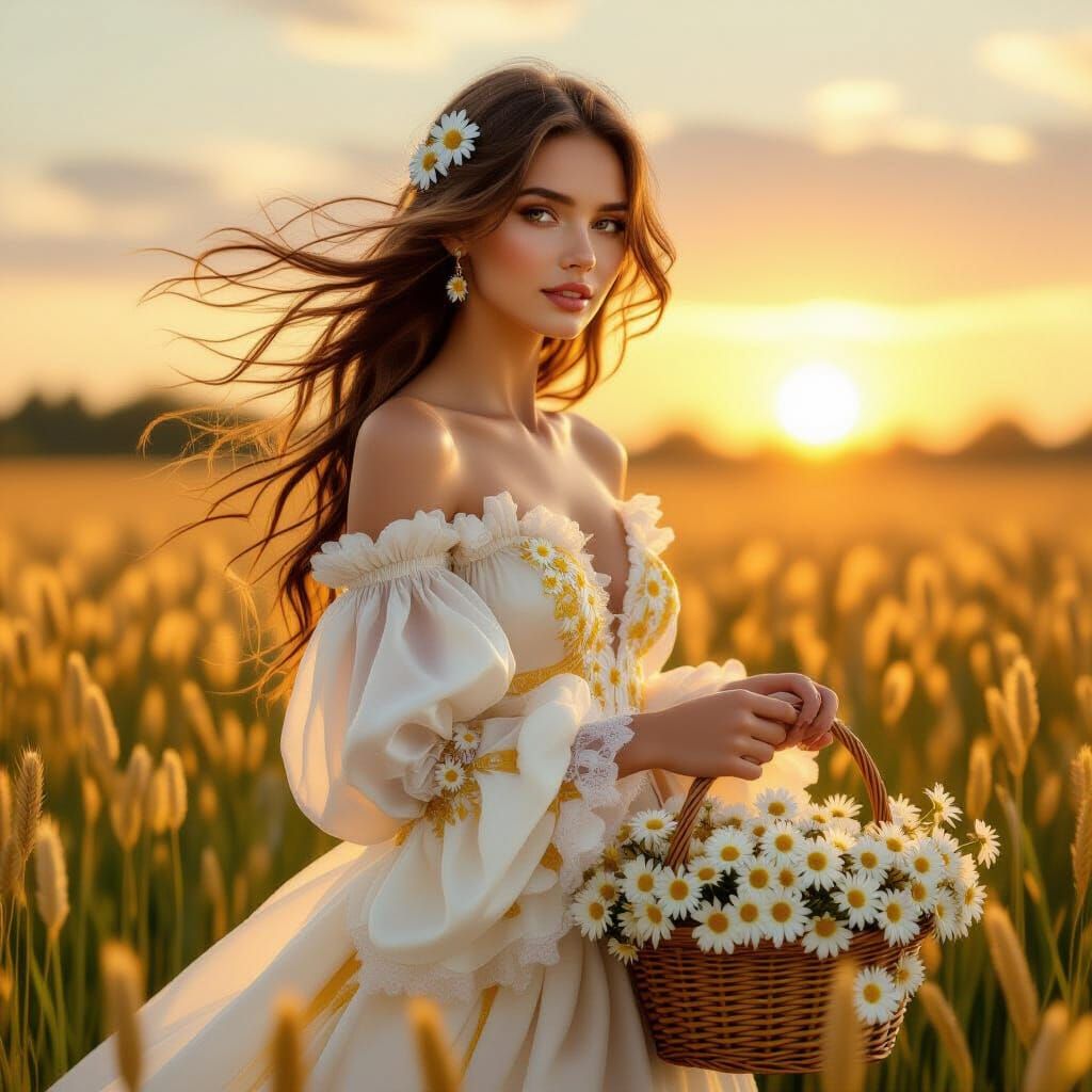 Golden Haired Woman in Daisy Field, Art Nouveau Style