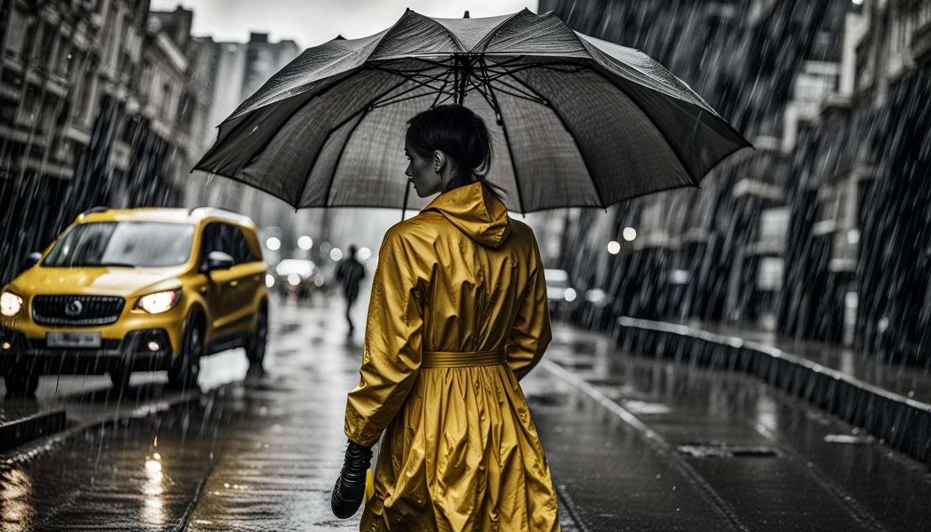 Woman in Yellow Dress Walks in Rain