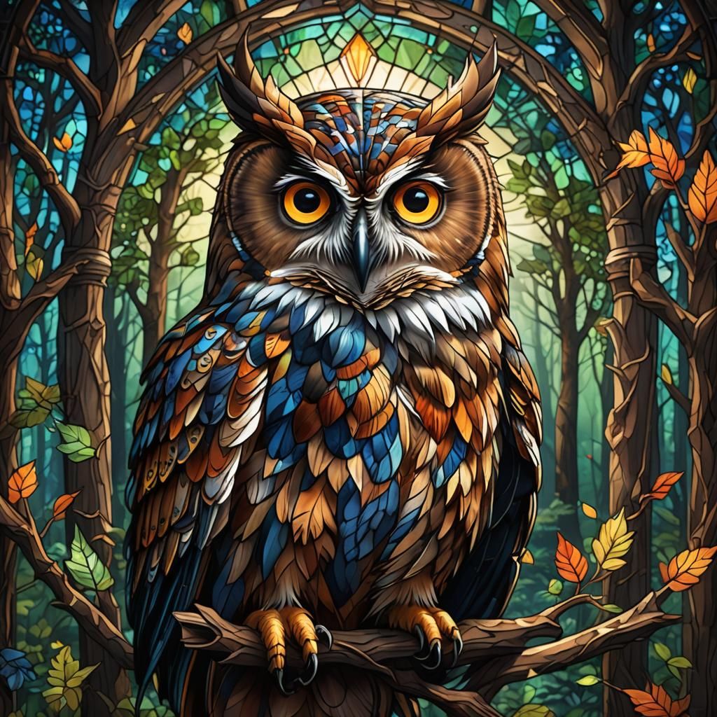 Wise Owl Portrait in Stained Glass Style