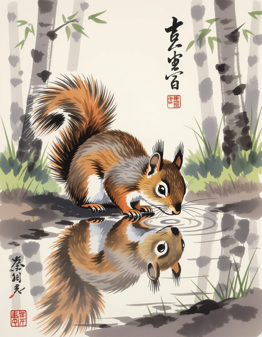 Sumi-e Squirrel Drinks From Reflecting Puddle in Forest
