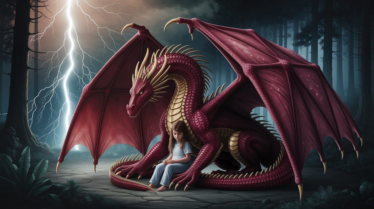 Red Dragon Shelters Family in Moody Forest, Alcohol Ink