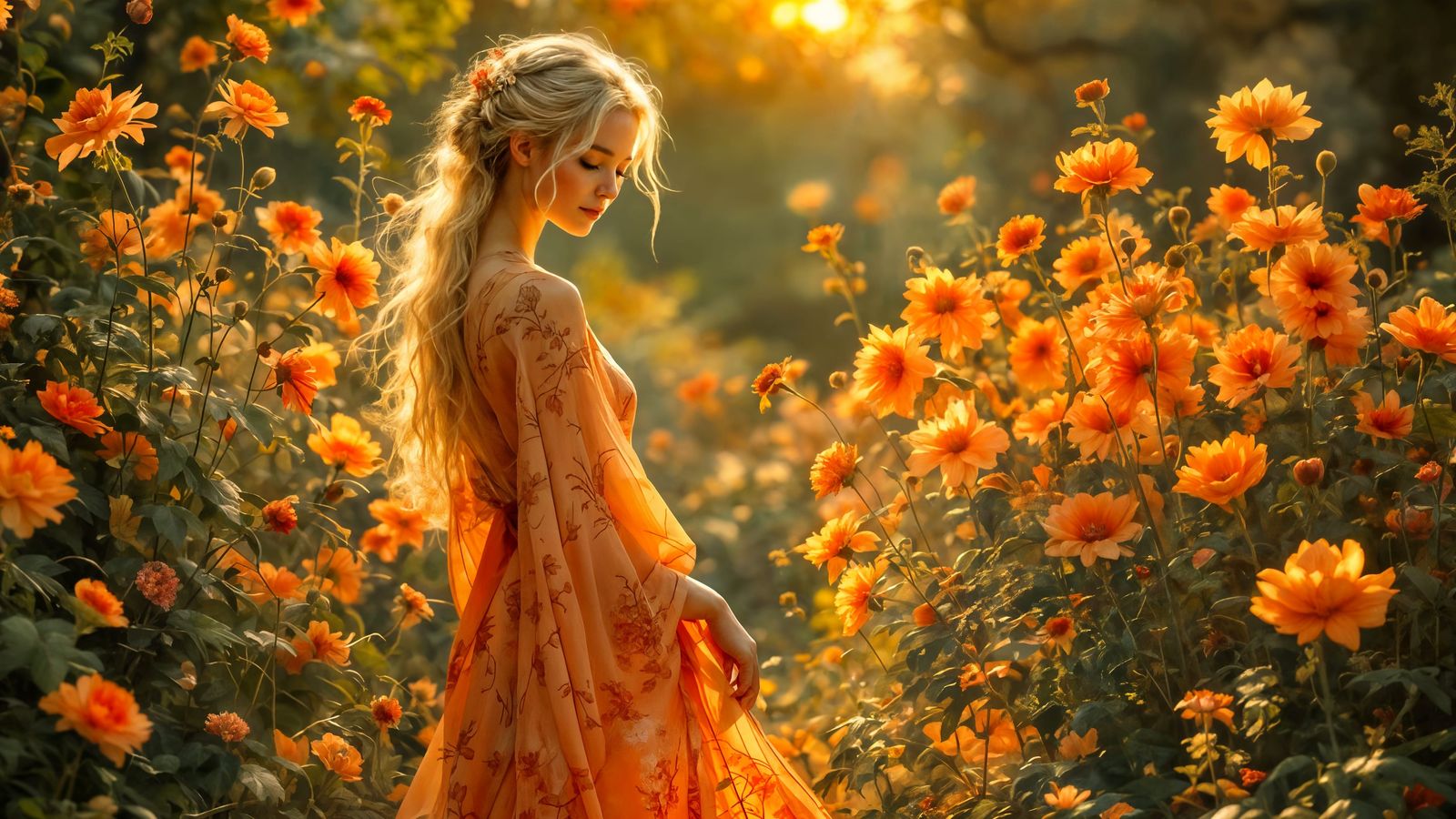 Serene Woman in Orange Garden, Pre-Raphaelite Style