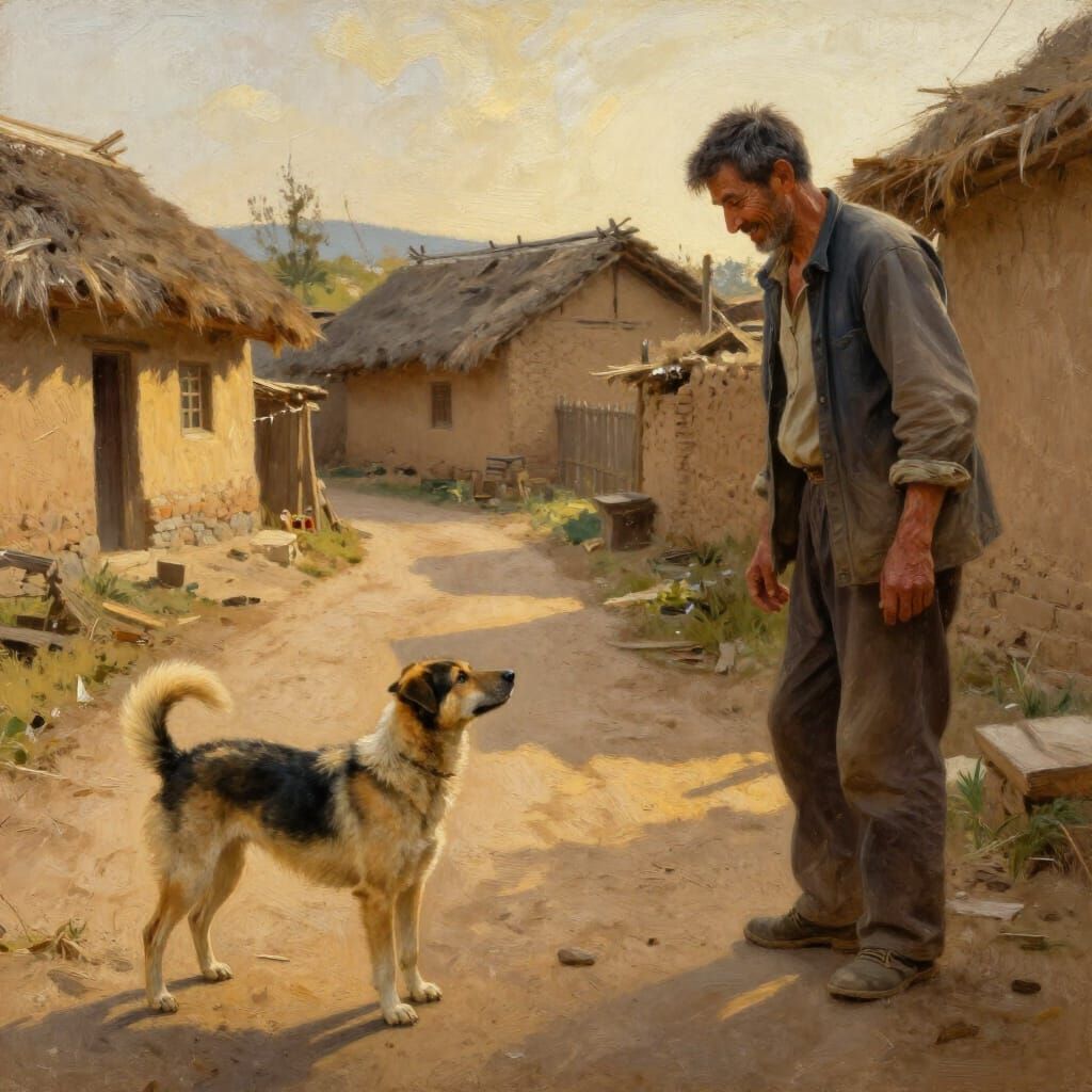 Dog Searches Rural Village in Golden Afternoon Light