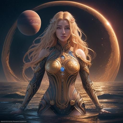 Golden Haired Woman Among Seven Planets