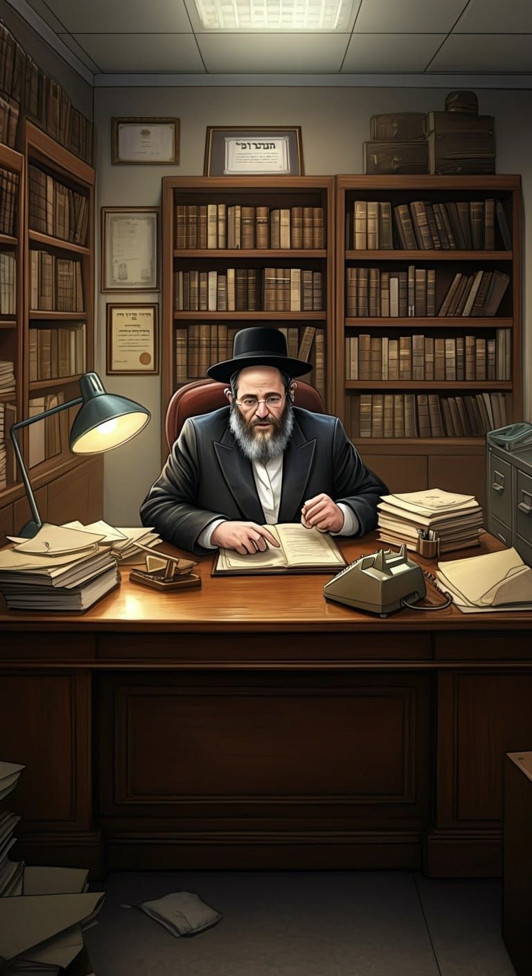 Hasidic Principal in Office, Comic-Style Illustration