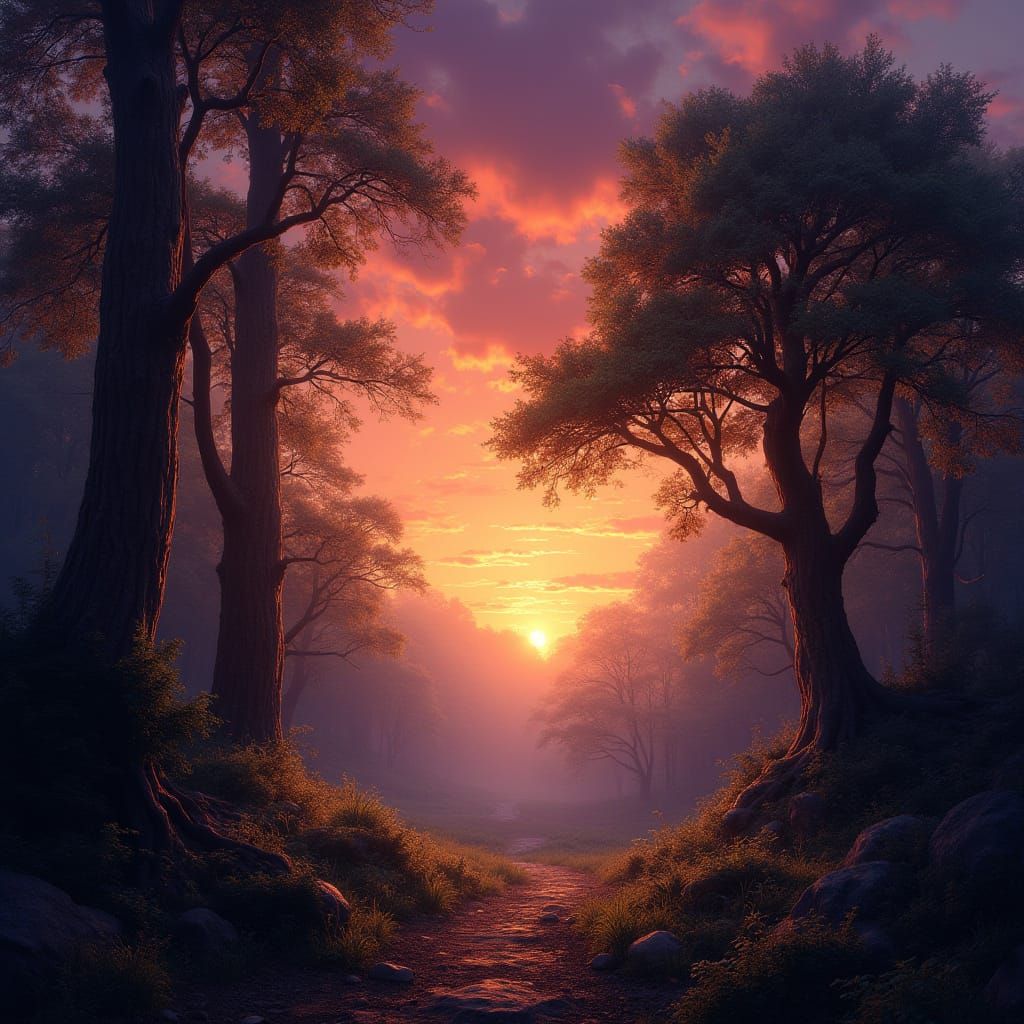 Ancient Forest at Sunset with Crimson Twilight Sky