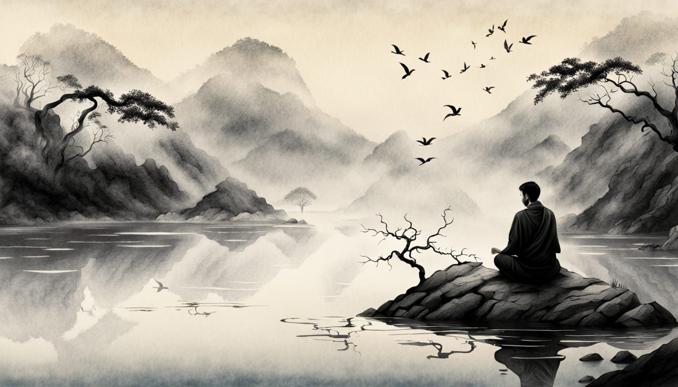 Taoist Existentialism Meditative Figure in Japanese Ink Wash