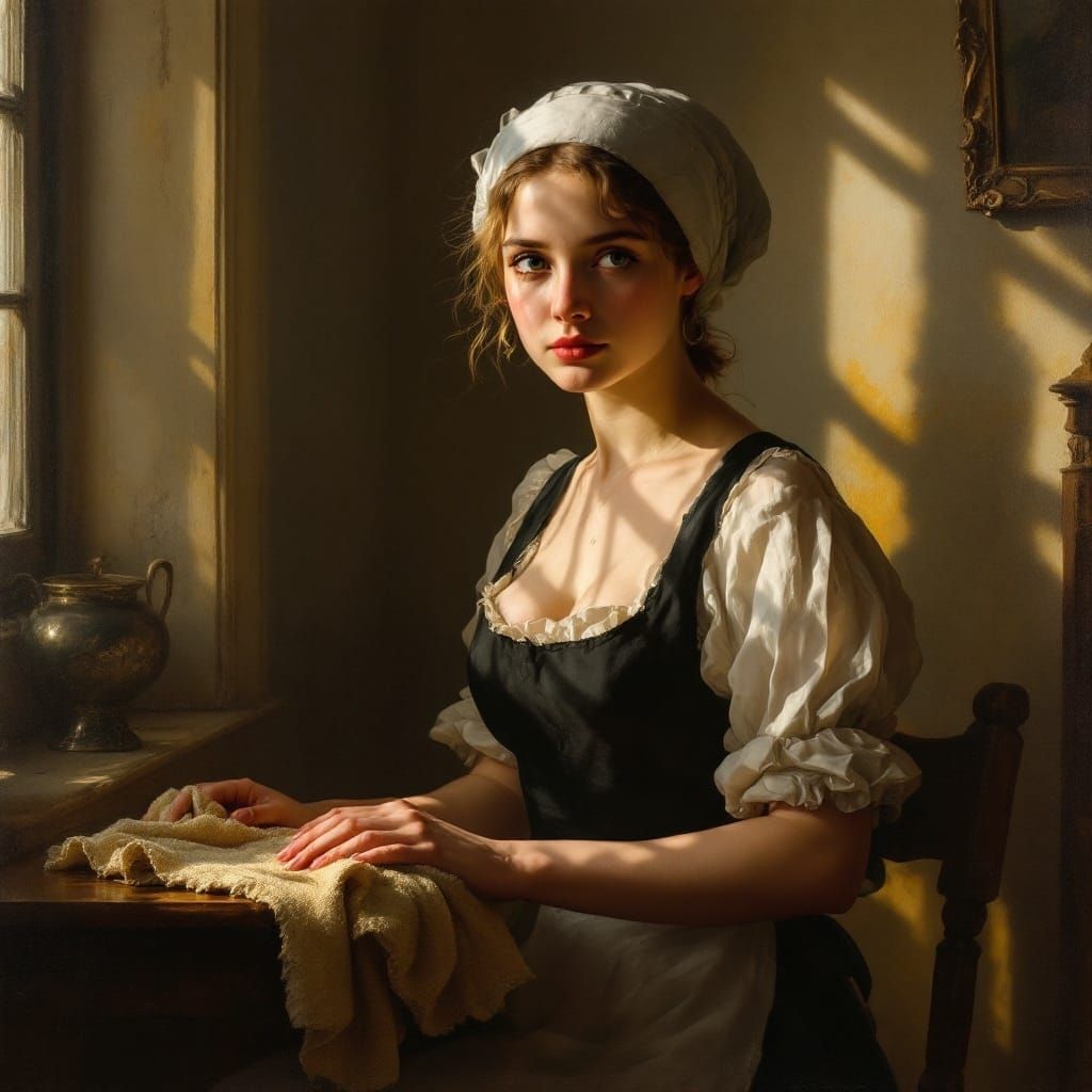 Elegant 17th-Century Dutch Maid in Intimate Domestic Scene