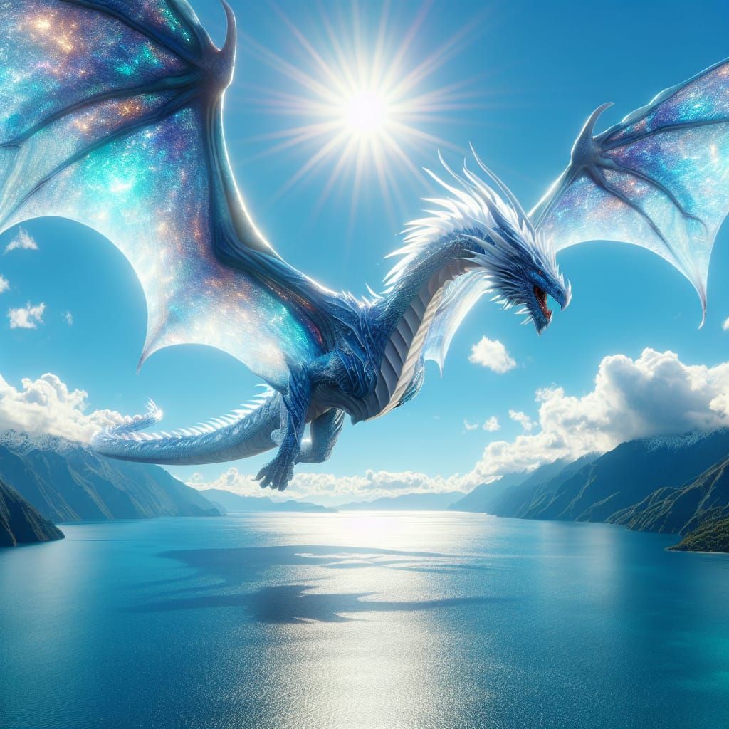 Iridescent Dragon Soaring Over Serene Bay