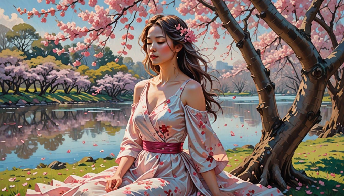 Boho Girl Under Frangipani Tree: Oil Painting