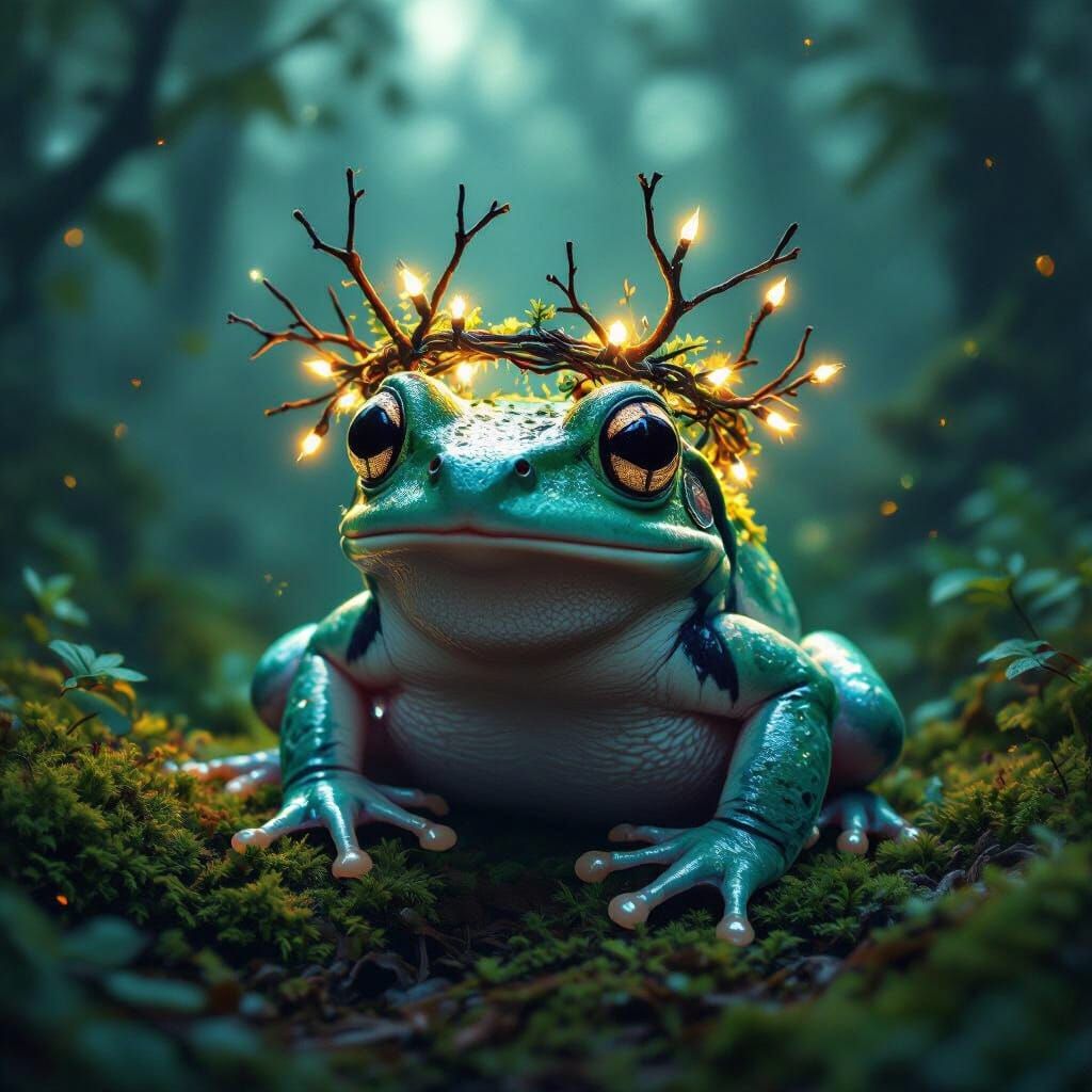 Bioluminescent Frog with Crown in Lush Forest