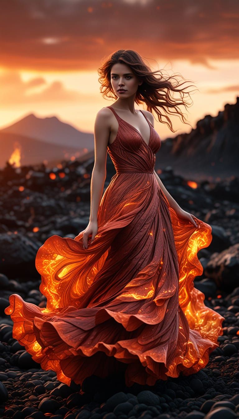 Ethereal Lava Woman in Volcanic Landscape