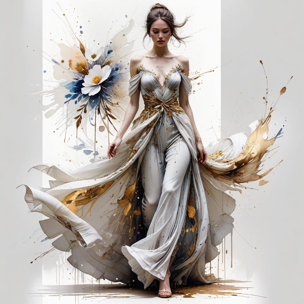 Celestial Woman in Couture Gown, Watercolor Art