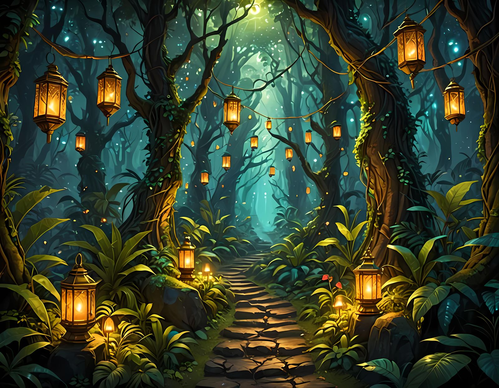 Mystical Lanterns Path Through Jungle Forest
