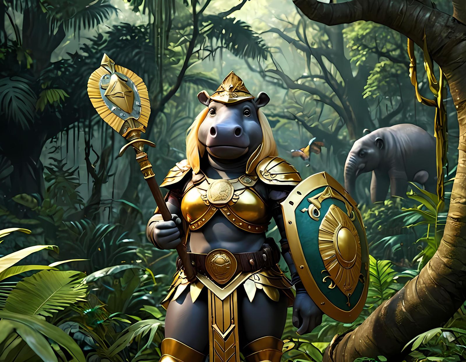 Amazonian Hippo Hoplite in 3D Anime Style