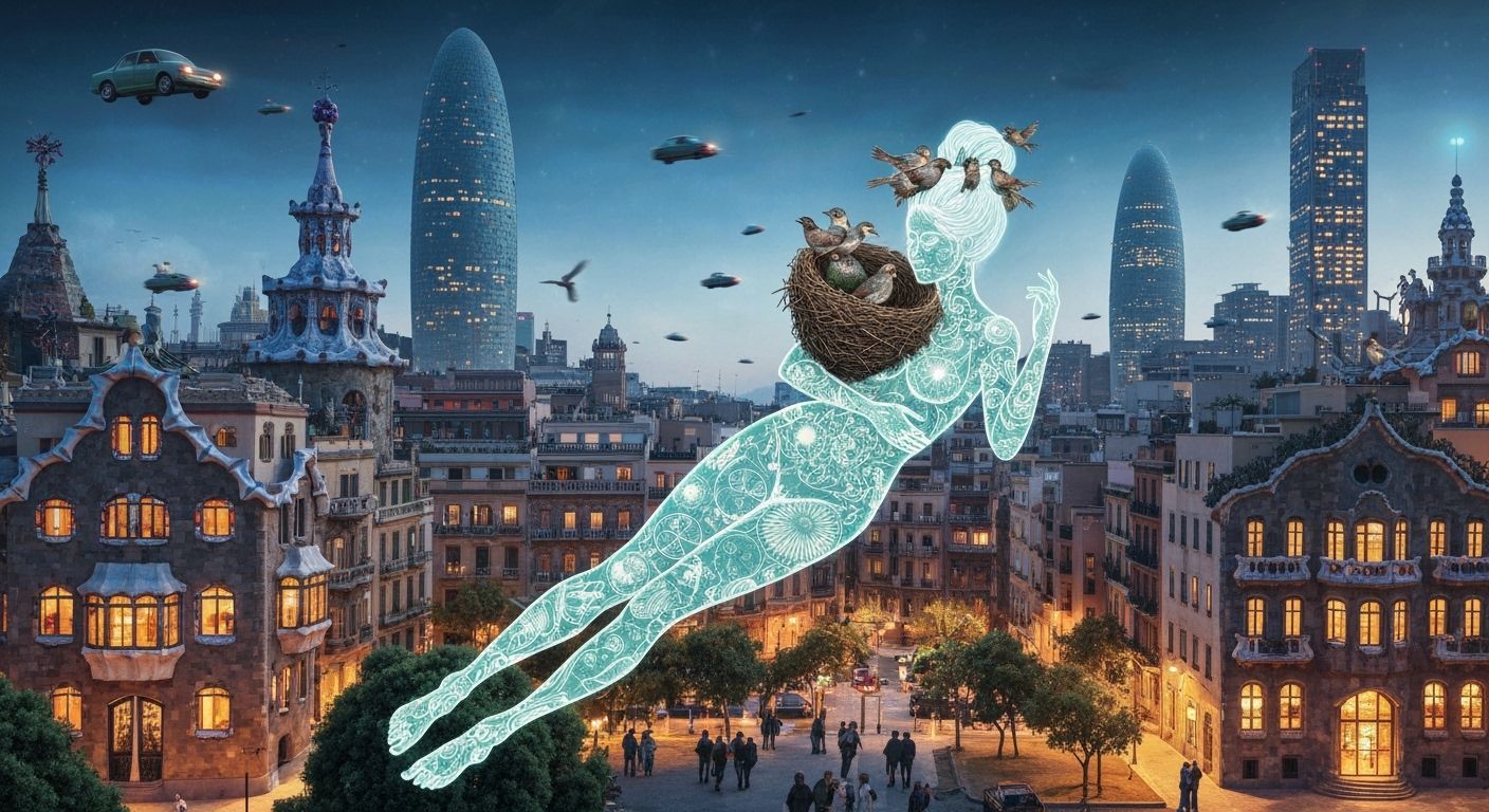 Bioluminescent Figure in Vibrant Gaudi Cityscape