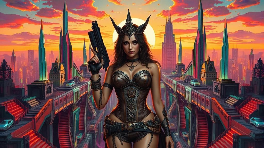 Siren in Retro-Futuristic Metropolis, Oil Painting