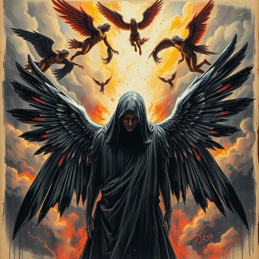 Fallen Angel Amidst Battling Angels in Da Vinci Style