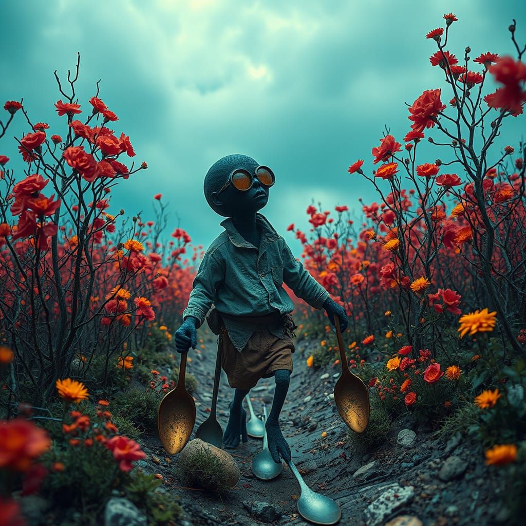 Surreal Spoonman in Dreamlike Landscape