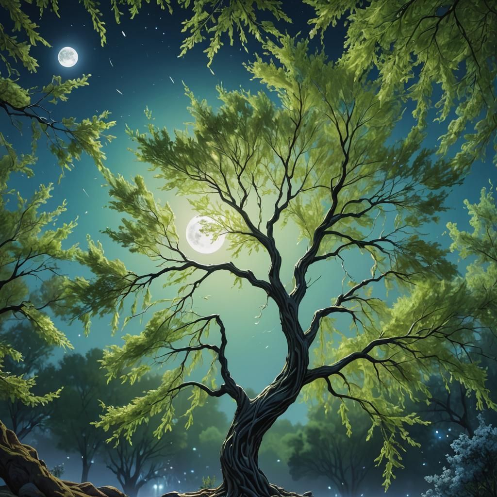 Glowing Willow Tree Against Moonlit Sky