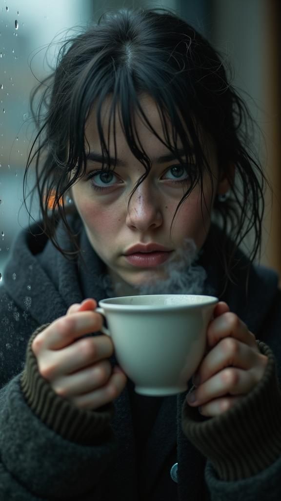 Melancholic Woman in Rainy Reflections