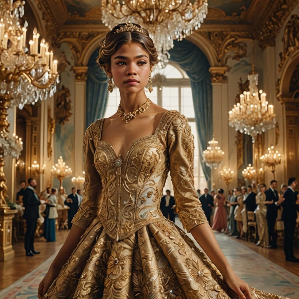 Zendaya in Baroque Ballroom: Hyper-Realistic Oil Painting