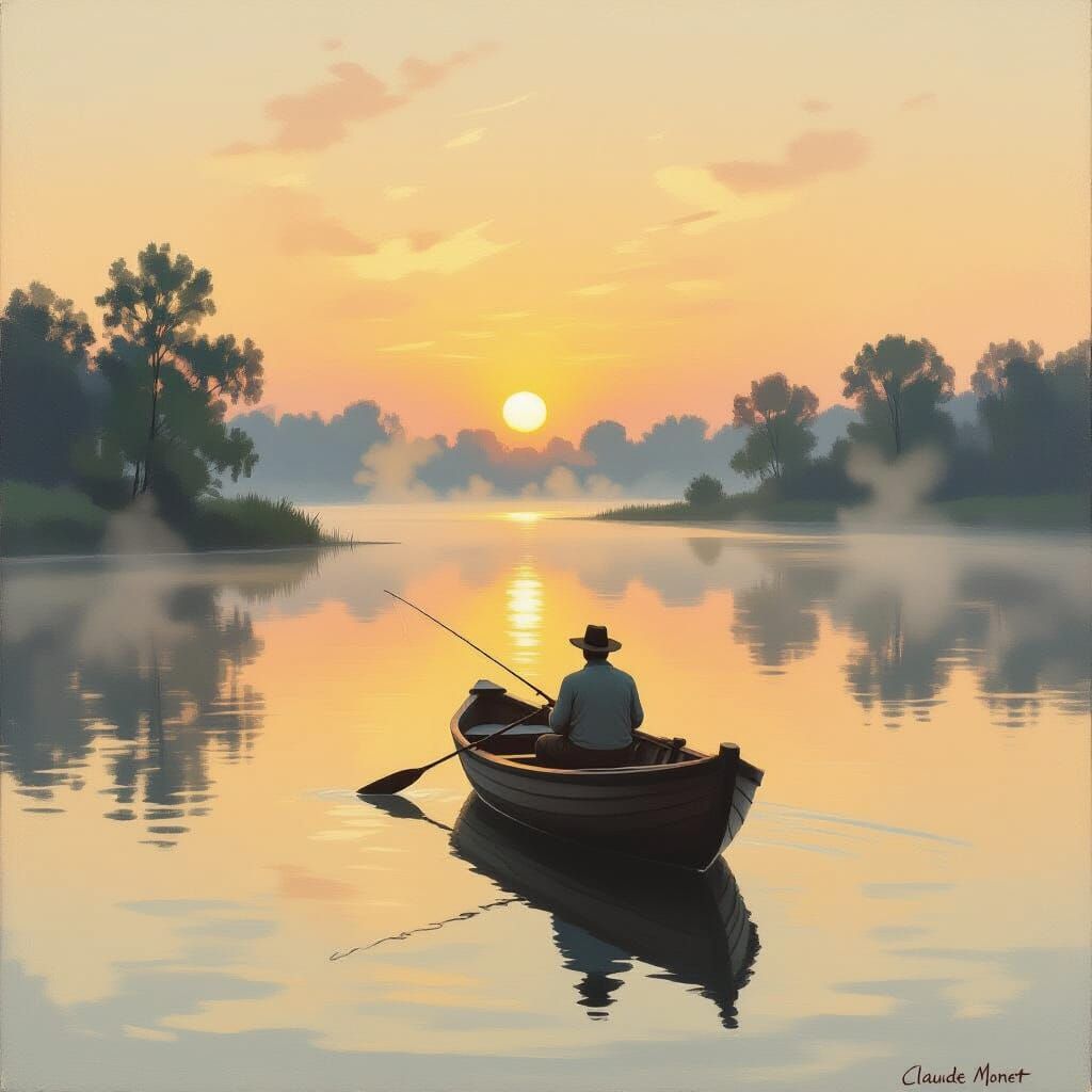 Man Fishing at Dawn in Impressionistic Oil Painting