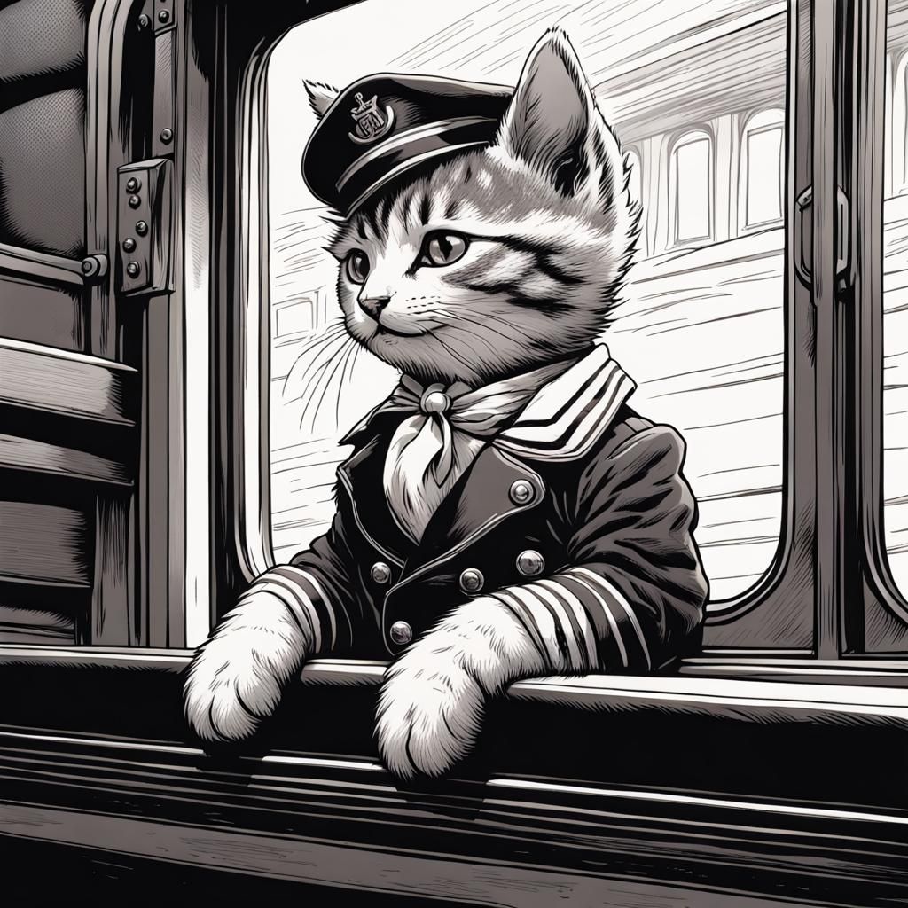 Tabby Kitten in Sailor Suit, Tenniel-Style Drawing