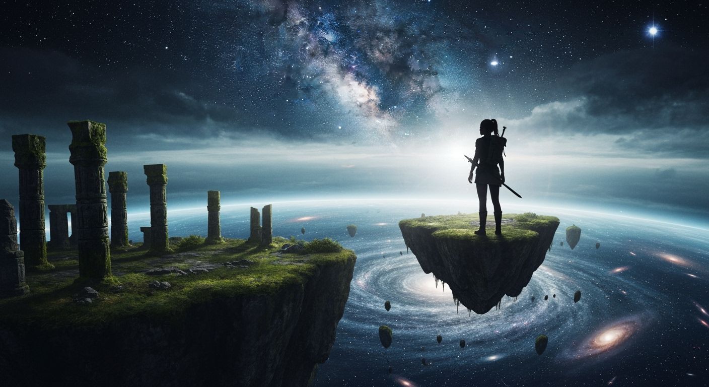 Adventurer on Floating Island Under Starry Sky