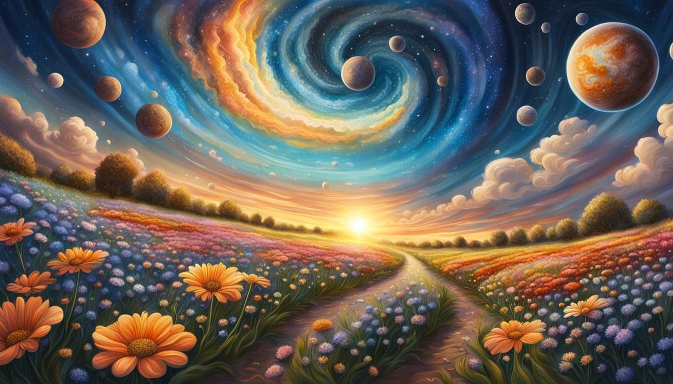 Planets in Flower Field Under Starry Sky
