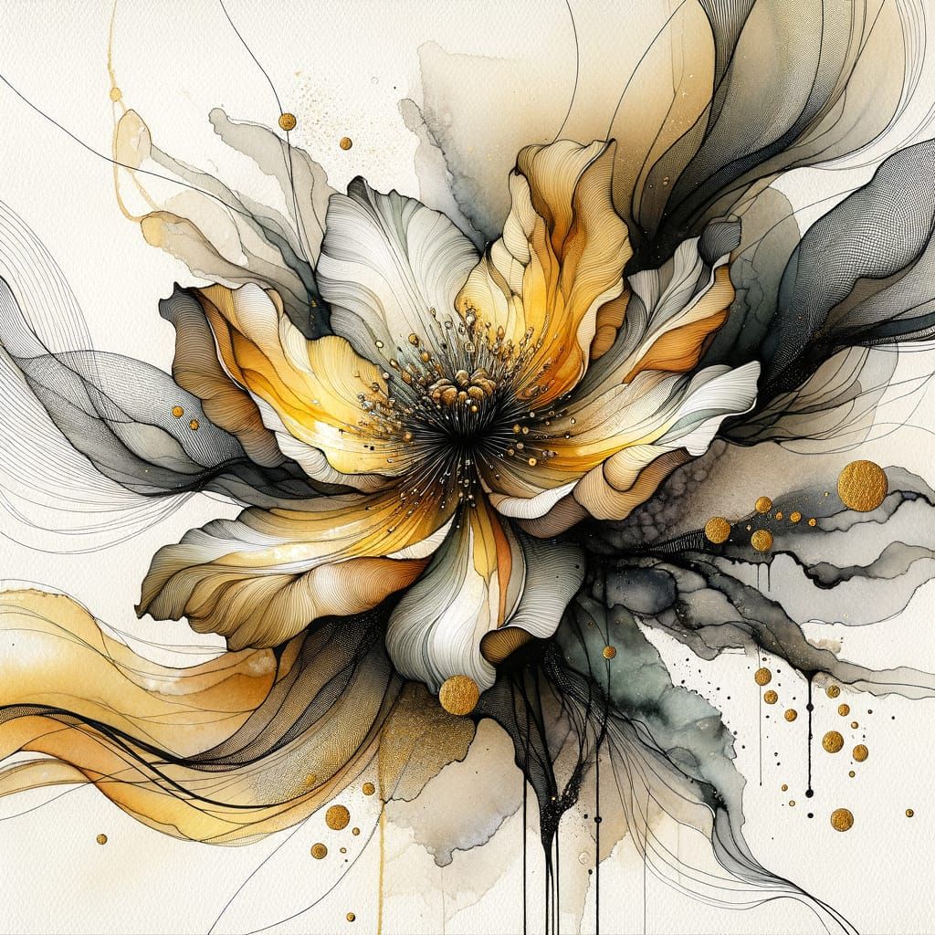 Abstract Watercolor Flower with Gold Accents