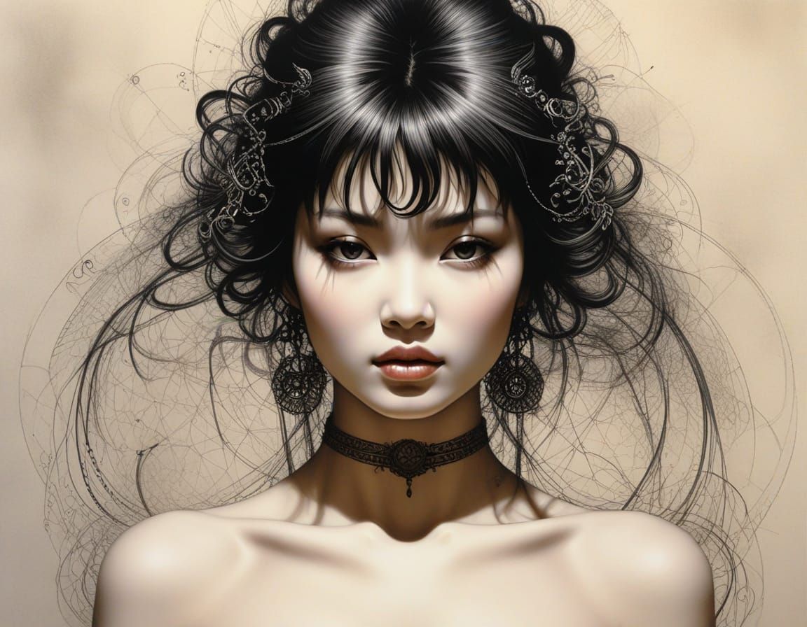 Ink Portrait of a Young Woman with Intricate Details