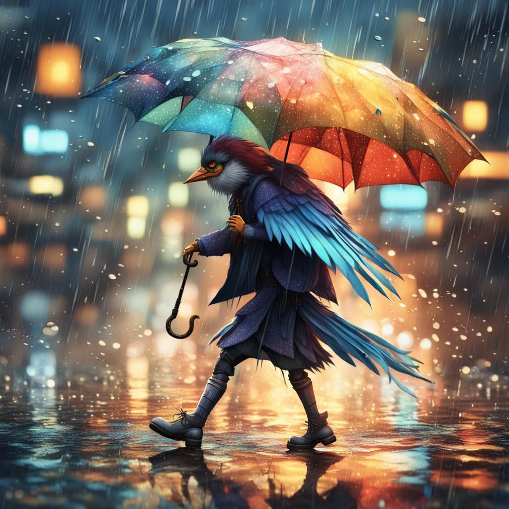 Surreal Cityscape with Humanoid-Bird Hybrid in Stormy Weathe...