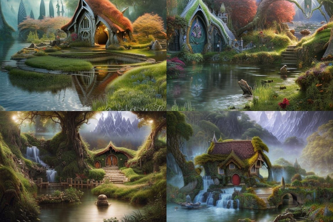 Amalgam of hobbiton and Rivendell, built in overgrown natural Imladris forest mystical on wondrous lake, a very intricat...