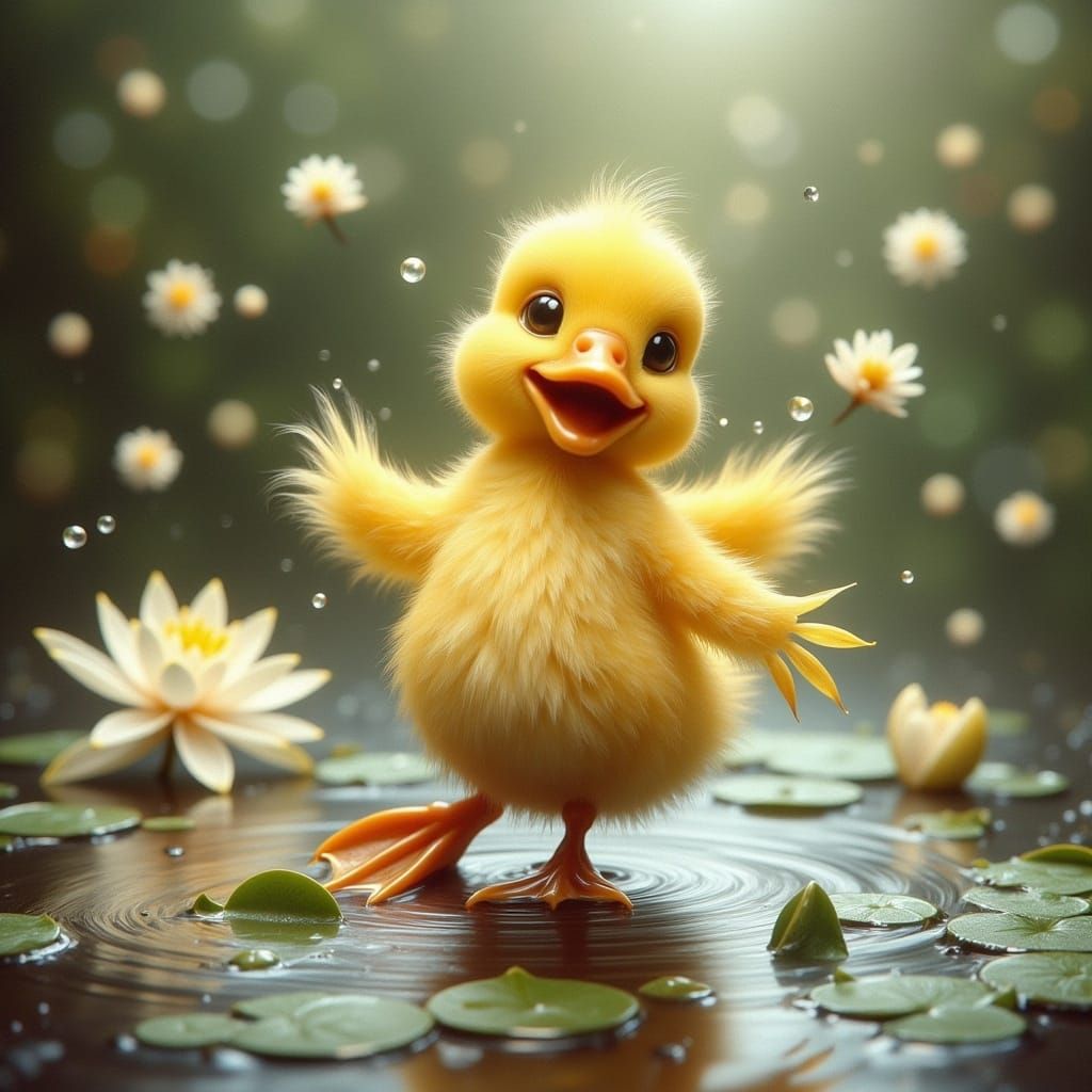 Dancing Ducky in Puddle, Whimsical Illustration