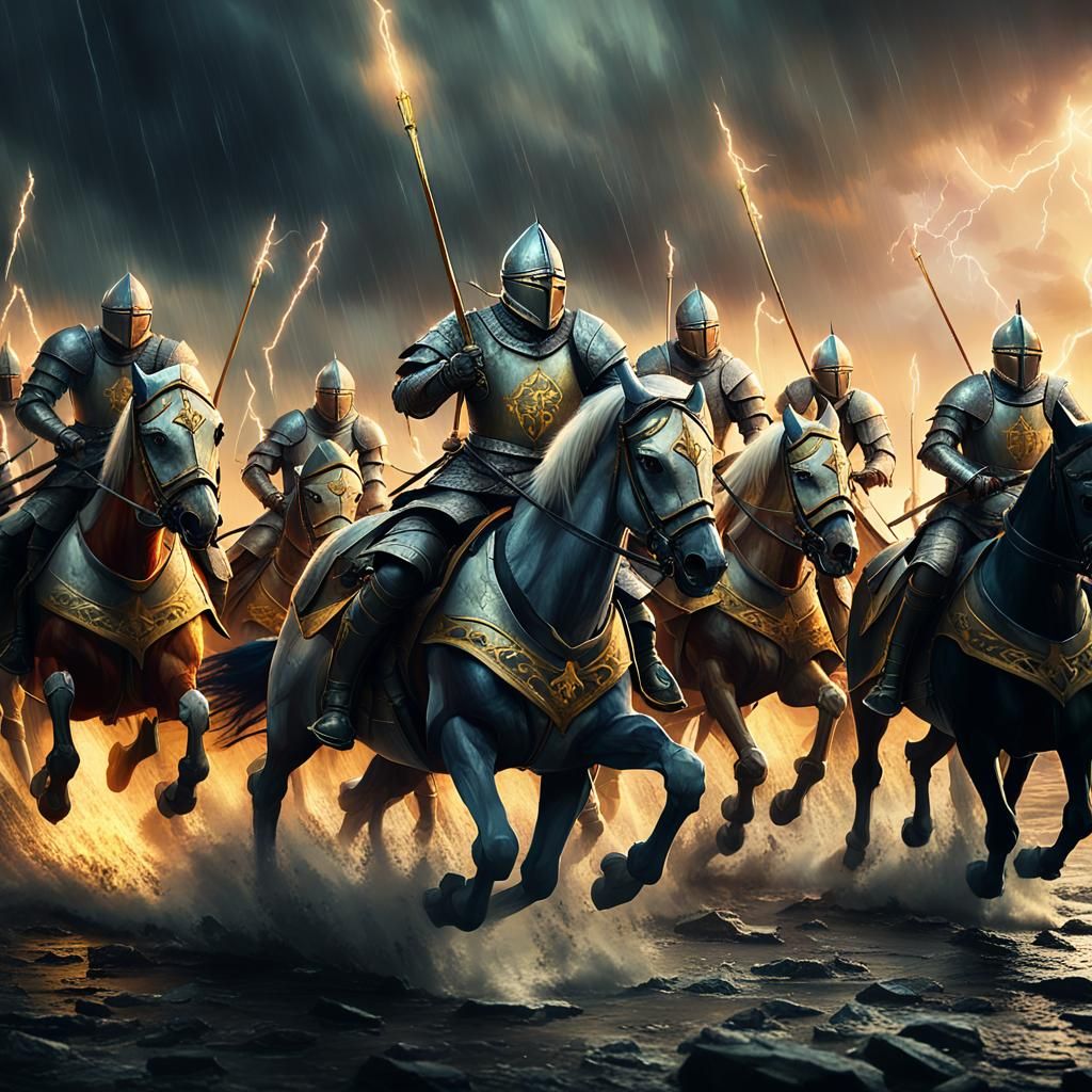 Knights Charge Kingdom in Stormy Fantasy Art