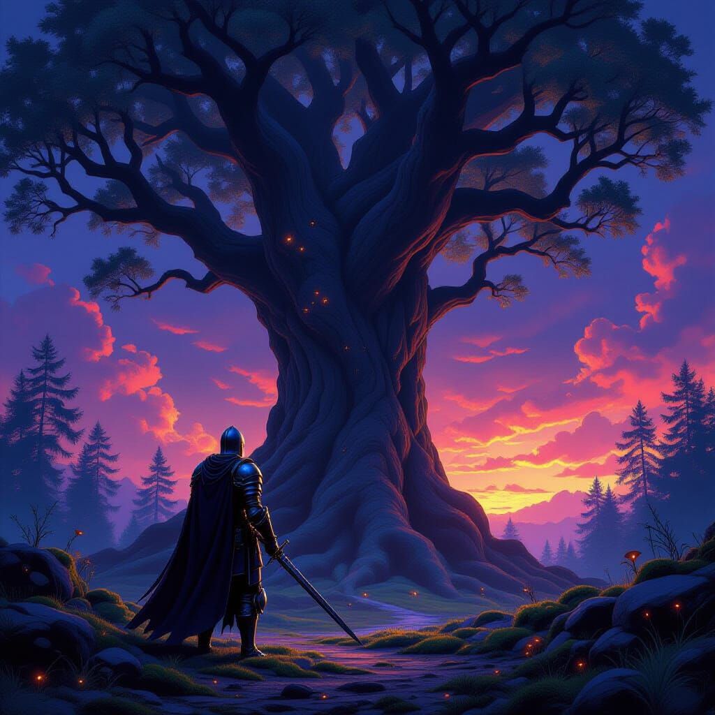 Knight Before Ancient Tree Under Twilight Sky