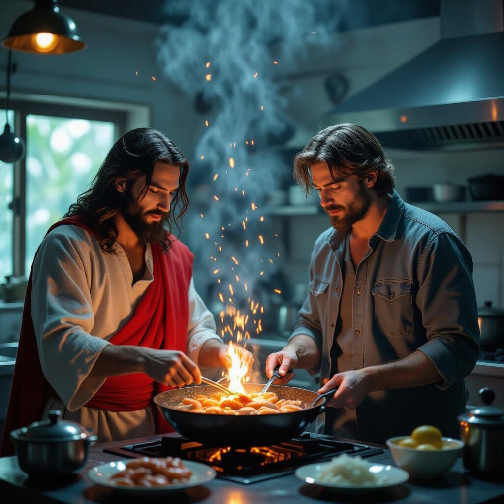 Jesus and Man Cook Shrimp in Ethereal Kitchen