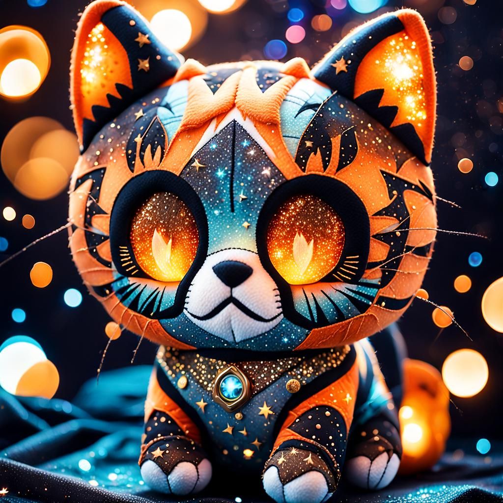 Glowing-Eyed Orange Tabby Cat Plush in Cyberpunk Style