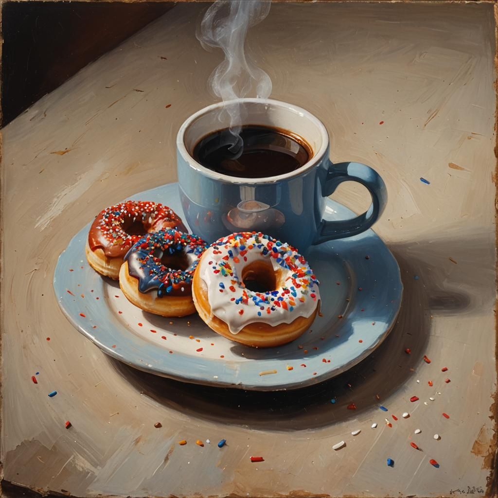 Patriotic Donut and Coffee in Oil Painting Style