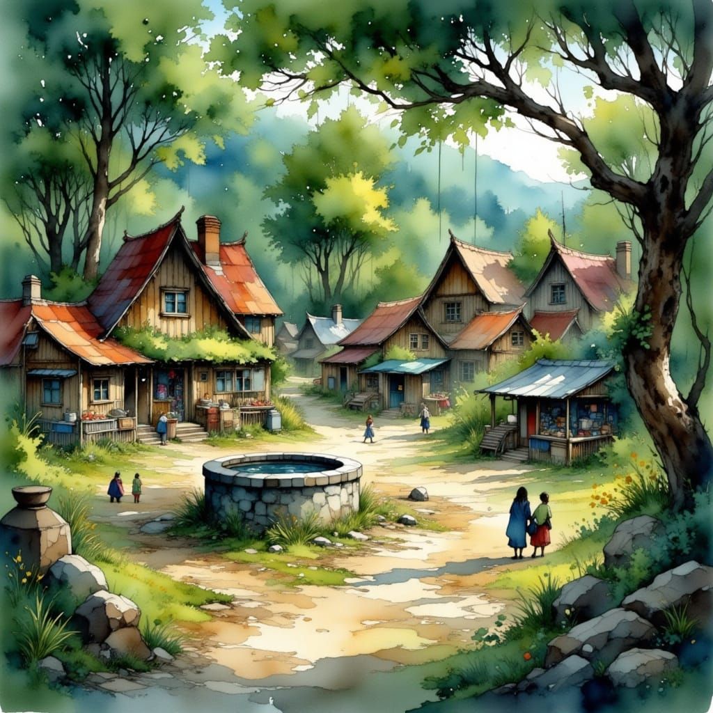 Bustling Village Market in Forest, Watercolor Art