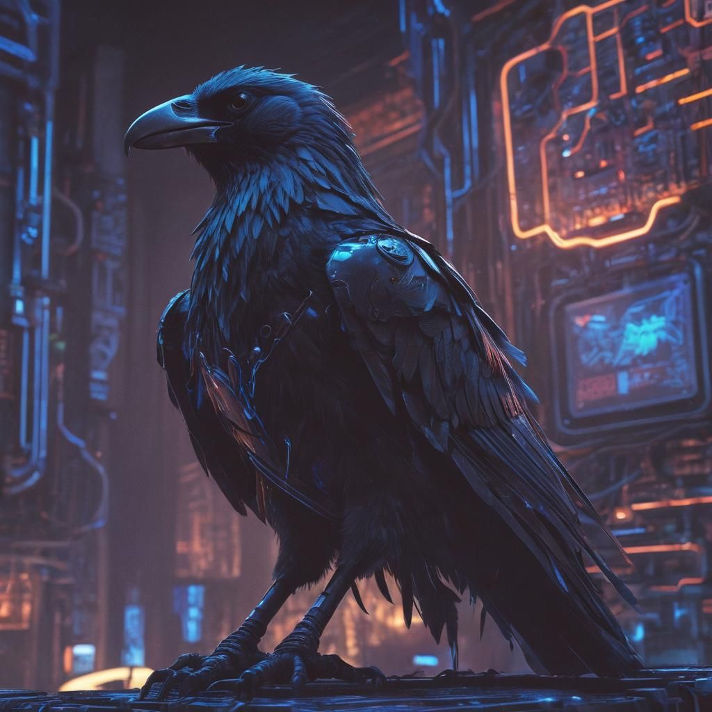 Cyberpunk Cybernetic Viking Crow on Circuit Board