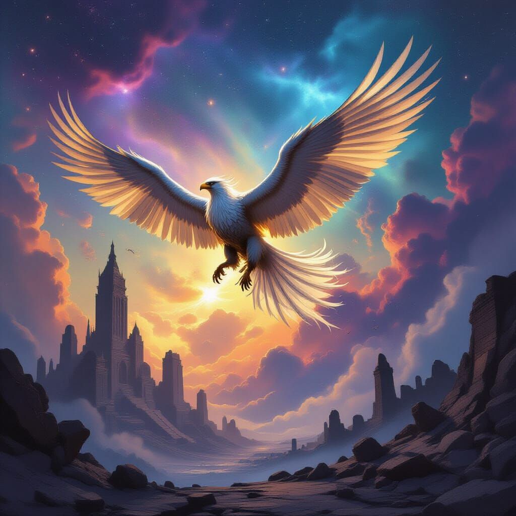 Majestic Griffin Soars Through Nebula Sky
