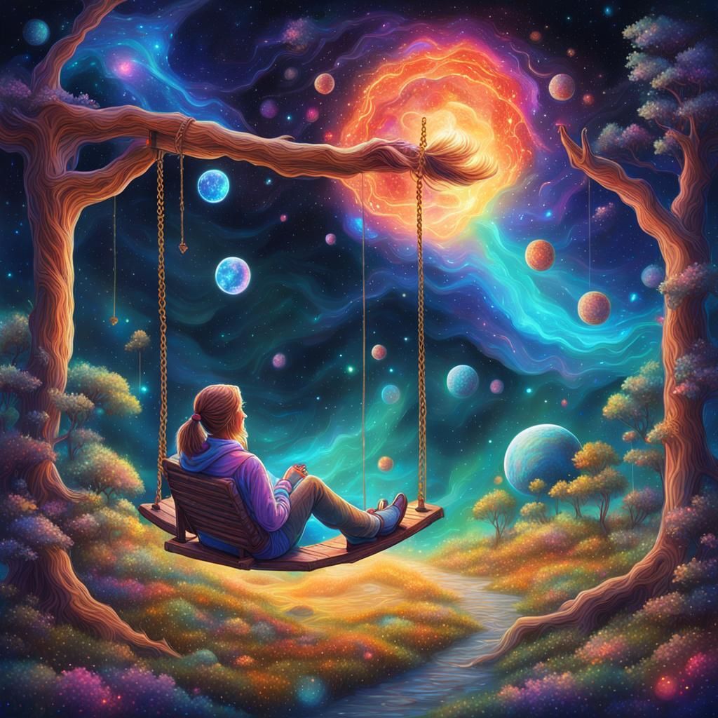 Astral Cottage Swing: Holographic Space Illustration