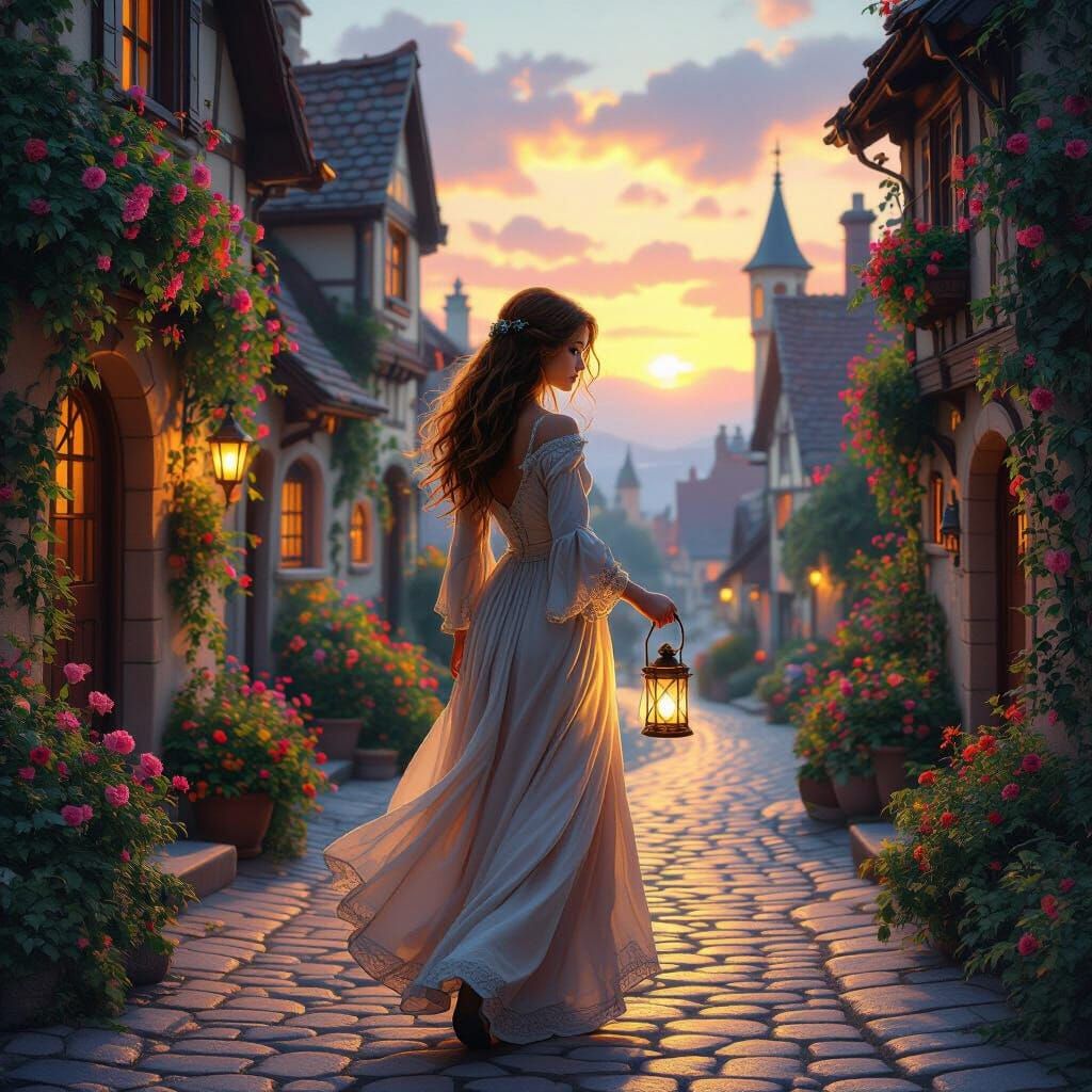Medieval Woman with Lantern at Sunset in Hyperrealism